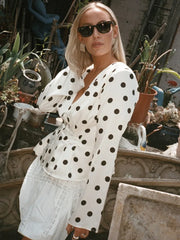 White Polka Dot Long Sleeve Button Satin Top