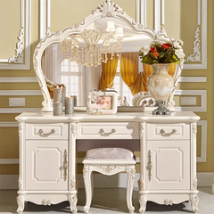 Decorative vanity table with mirror, stool, and decorative items in a room with yellow walls.