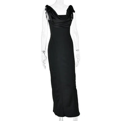 Draped Satin Cowl Bow Shoulder Maxi Dress