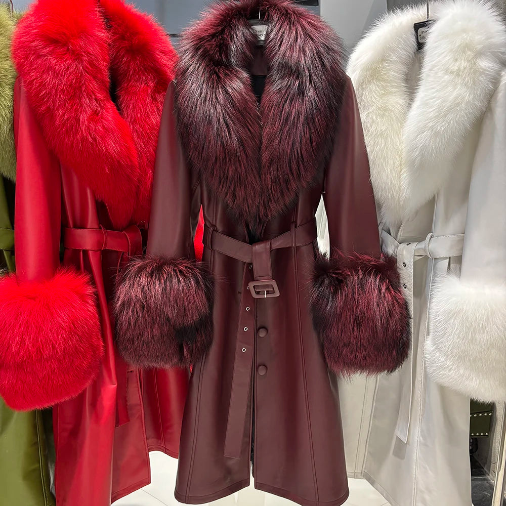 Brown fur-trimmed coat with red and white fur coats in the background