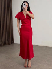 Satin V-Neck Flutter Sleeve Maxi Dress