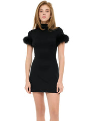 Half-Sleeve Fur Trim High Neck Mini Dress