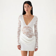 Sheer Lace V-Neck Long Sleeve Mini Dress