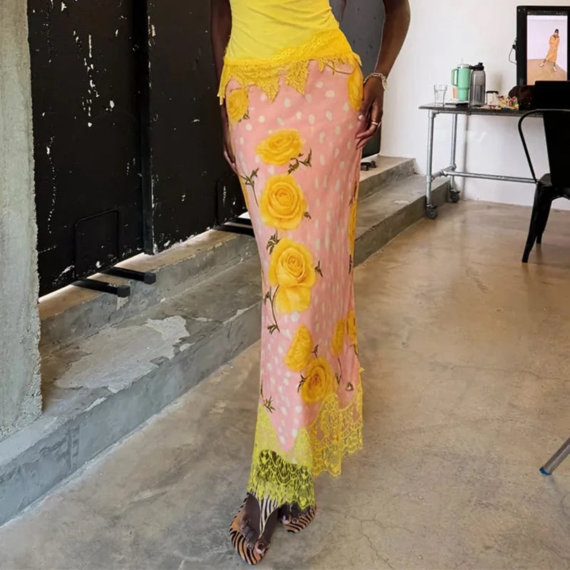 Pink floral polka dot lace trim maxi skirt