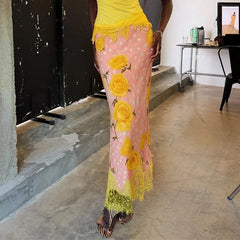 Pink floral polka dot lace trim maxi skirt