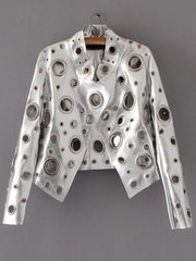 Cut Out Short Faux Leather Golden Rivet Women Jacket