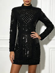 Black embellished high neck mini dress with long sleeves