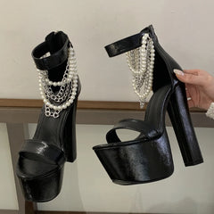 Chunky Heel Chain Embellished Sandals