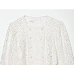Close-up of the neckline and buttons on a white lace double-breasted cropped jacket.