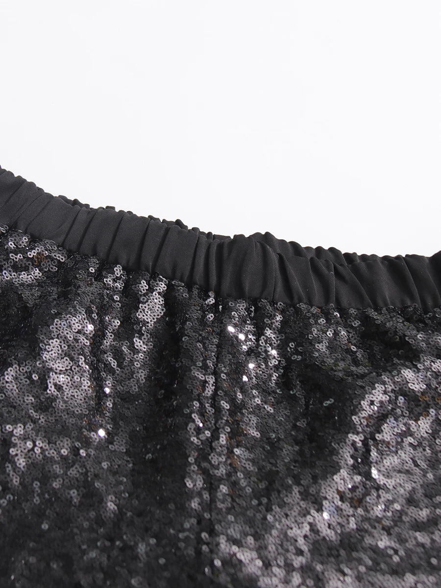 Black sequin skirt with a plain background