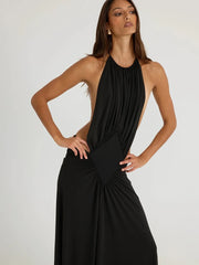 Halter ruched open back maxi dress detail view