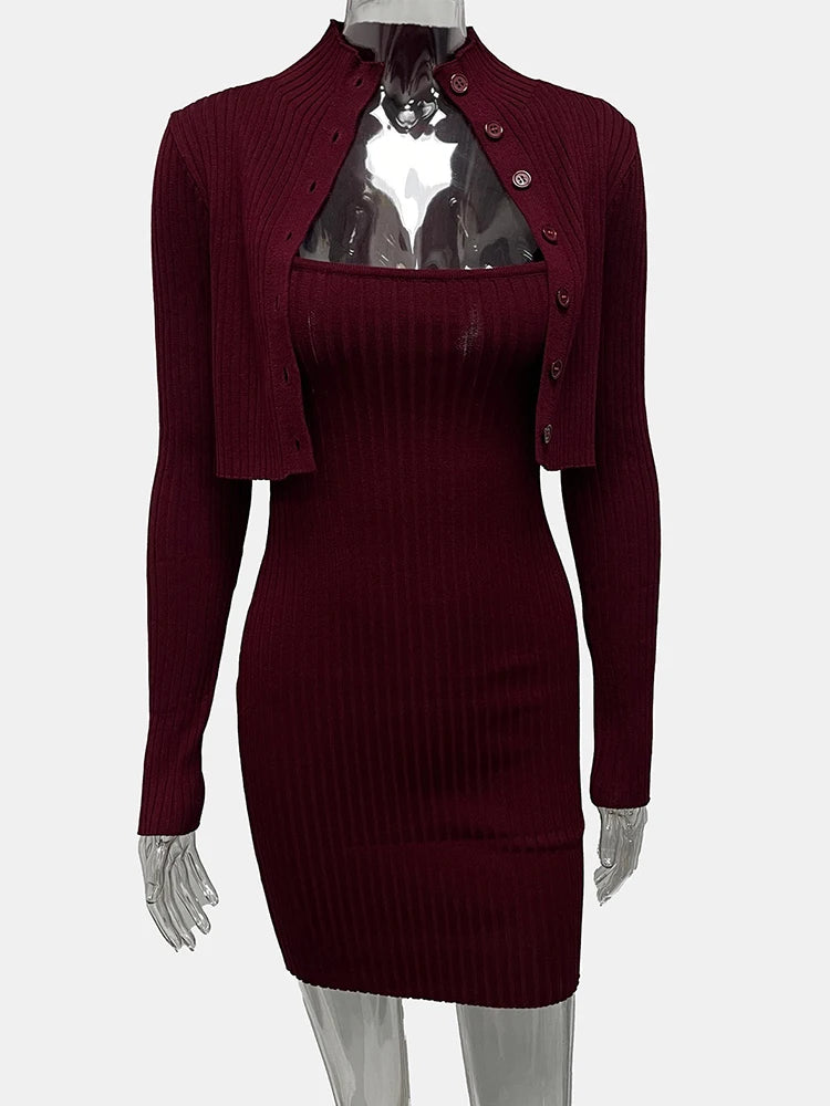 Maroon ribbed dress with matching bolero on a mannequin against a white background