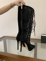 Black Lace Up Stiletto Knee High Boots