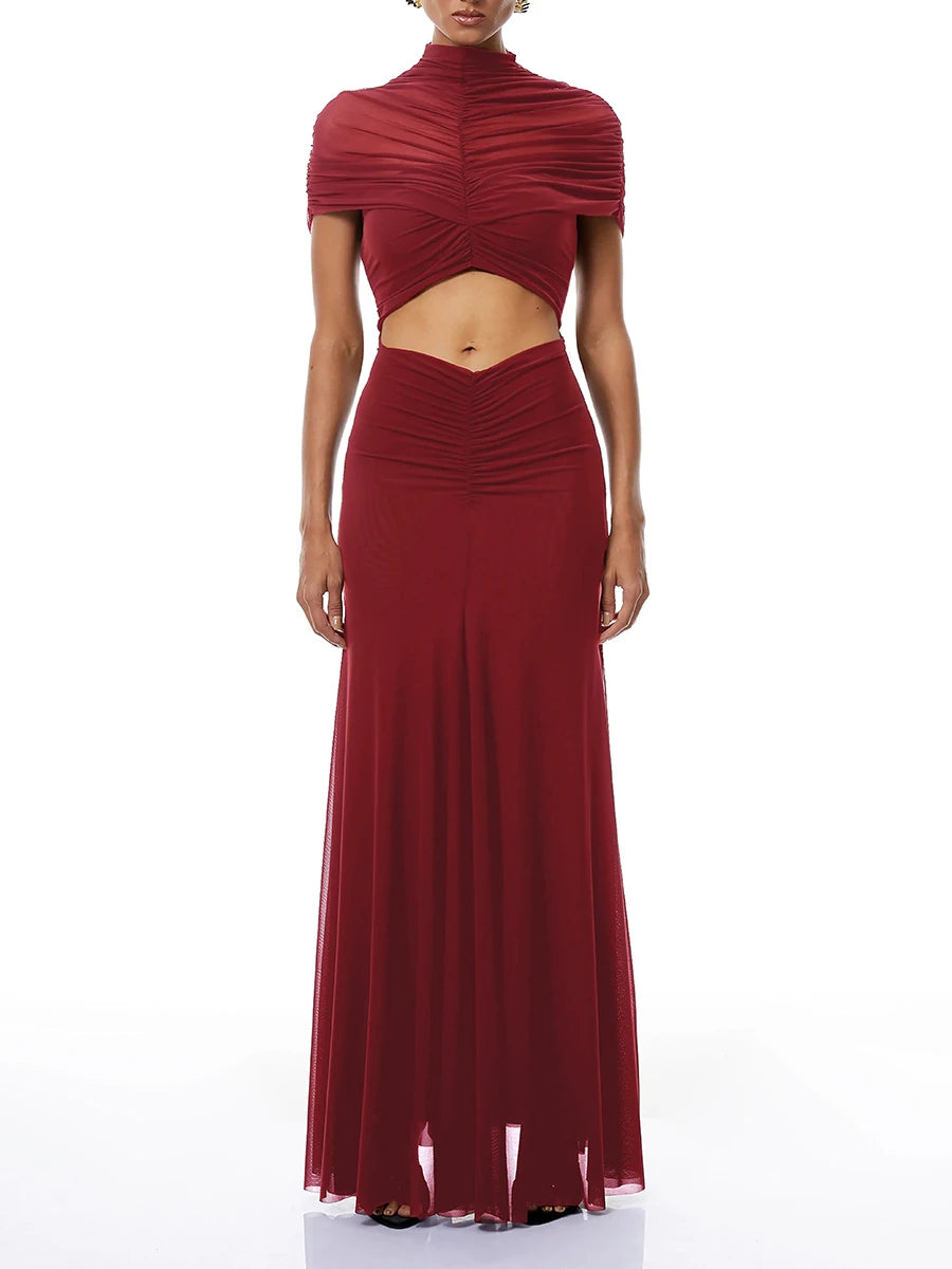 Red ruched cutout high neck sleeveless maxi Dress