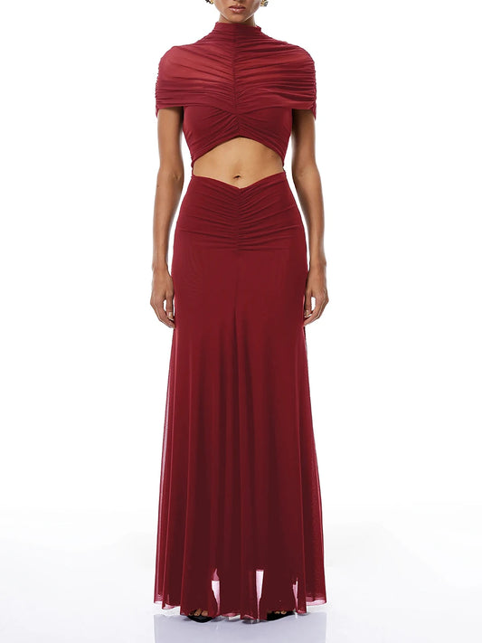 Red ruched cutout high neck sleeveless maxi Dress
