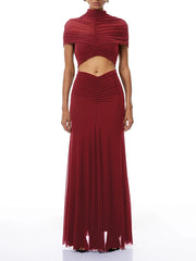 Red ruched cutout high neck sleeveless maxi Dress