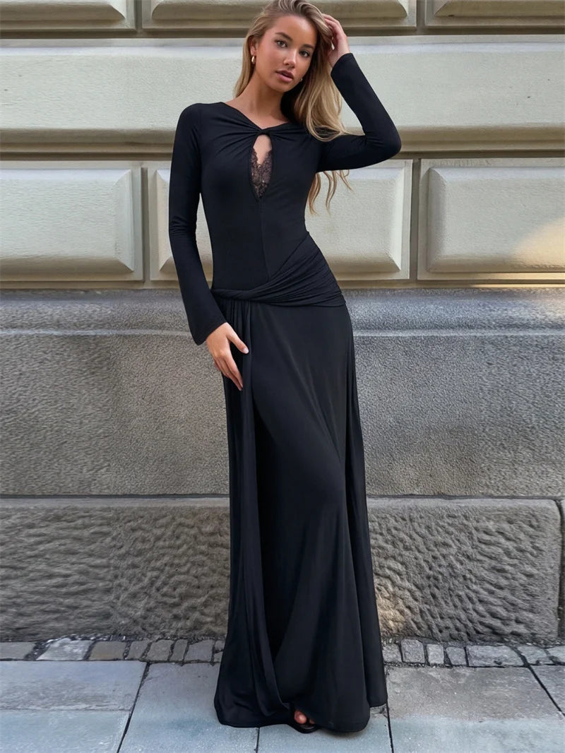 Twisted neck ruched waist maxi dress in black
