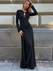 Twisted neck ruched waist maxi dress in black