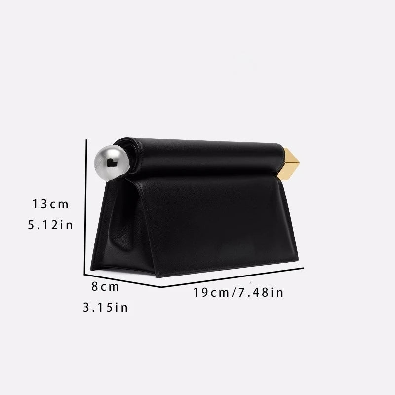 Black clutch bag with measurements on a white background