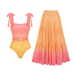 One-piece swimsuit with gradient floral print and tied shoulder straps.