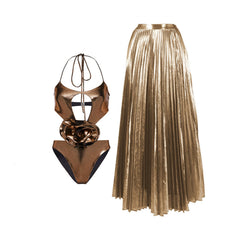Metallic One-Shoulder Ruffled Bodysuit and Pleated Maxi Skirt Set