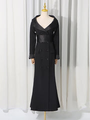 Black double-breasted maxi blazer dress on a mannequin, front view