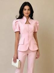 Puff sleeve stand collar blazer front full