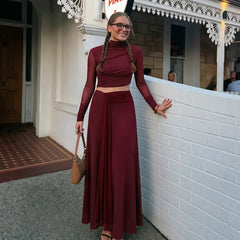 Mock Neck Mesh Crop Top Draped Maxi Skirt Set