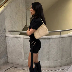 Short Sleeve Draped Black Metal Buckle Mini Dress