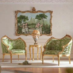 Ornate green floral accent chair with gold carved frame for vintage interiors