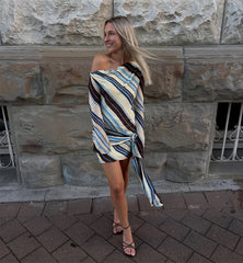 Striped Print Diagonal Collar Wrap Tie Mini Dress