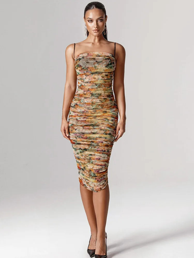 Ruched floral print midi dress with spaghetti straps