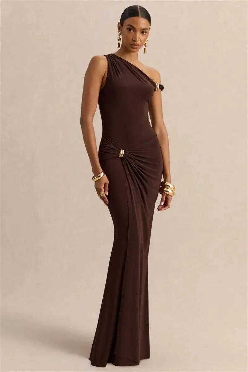 Brown one shoulder ruched maxi dress with jewelry