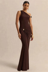 Brown one shoulder ruched maxi dress with jewelry