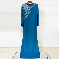 Malachite blue slit sleeve beaded O-neck maxi dress on hanger