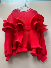 Ruffled Lantern Sleeve Sheer Blouse