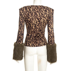 Leopard Print Fur Trim Long Sleeve Top