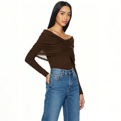 Off Shoulder Pleated Mesh Top