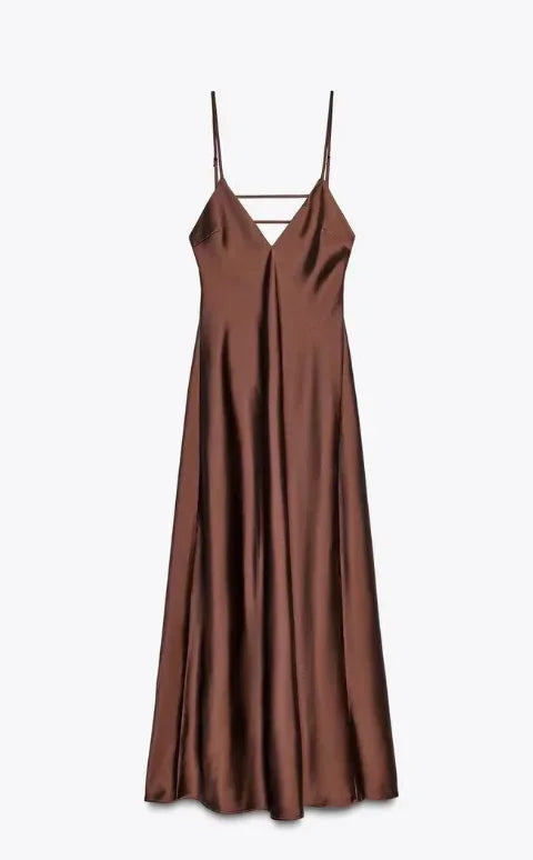 Brown slip dress on a white background