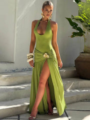 Elegant solid halter backless maxi skirt set in brown.