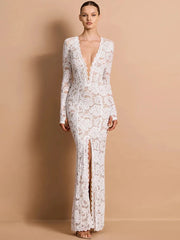 White lace plunge neck maxi dress with long sleeves and thigh slit