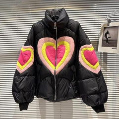 Heart Print Down Jacket Spliced Cotton Thick Warm Parkas