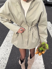 Drawstring Waist Standing Collar Trench Coat
