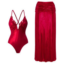 V-Neck Ruched Cut-Out Halter One-Piece Swimsuit and Maxi Skirt Set
