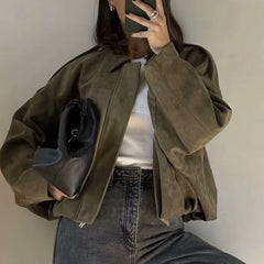 Faux suede cropped bomber jacket with gathered hem