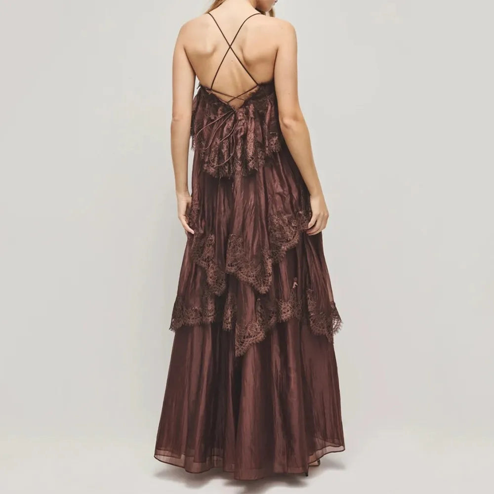 Back view of Ruffled Lace Maxi Dress with criss-cross straps