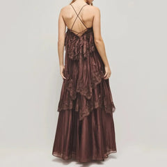 Back view of Ruffled Lace Maxi Dress with criss-cross straps
