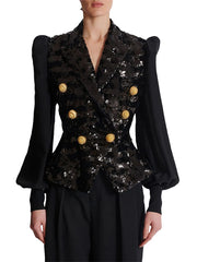 Black tailored blazer with sequins and gold buttons
