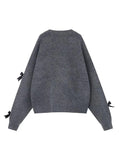 Crew-neck Solid Knitted Pullover Bow Puff Long Sleeve Knitwear