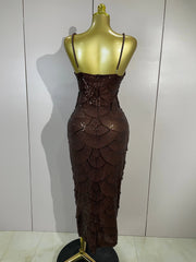 Pearl Beaded Sequins Spaghetti Strap Bodycon Long Dress